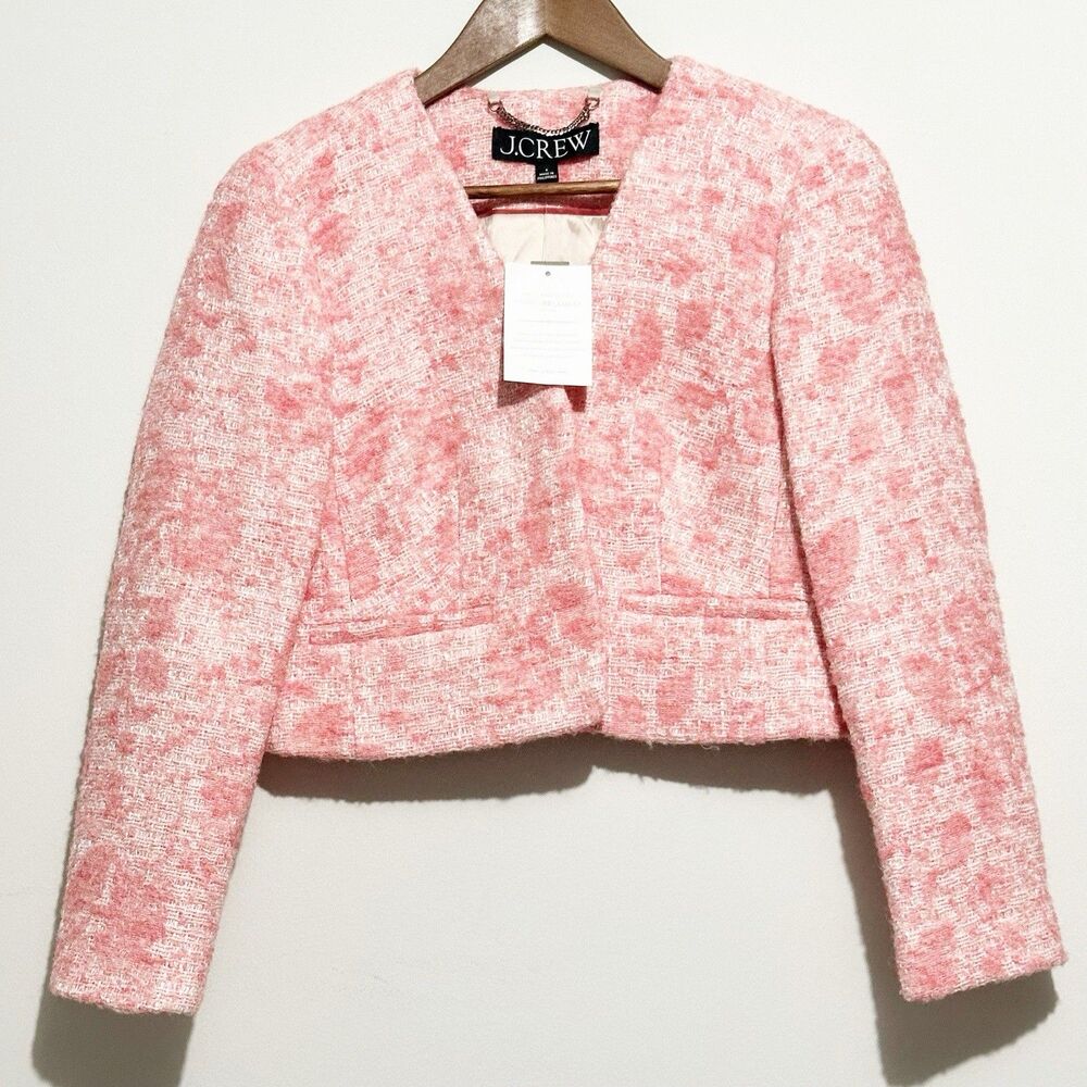 Crew Jacket Women's Pink Tweed Wool Cropped Collarless Italian Belluci 6 Preppy